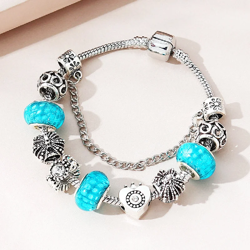 women engraved bracelets -Luxe6223 - Vintage Heart with Blue Beads Charm Bracelet