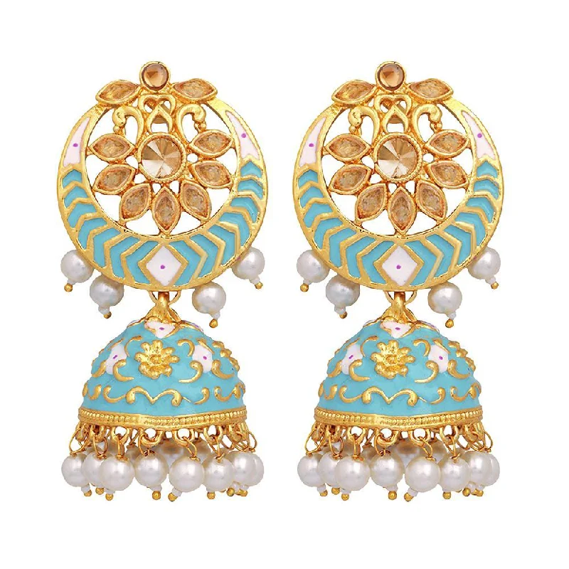 women gold stud earrings -Mahi Blue Meenakari Work Enamelled Artificial Pearl Jhumki Earrings for Women (ER1109708GBlu)