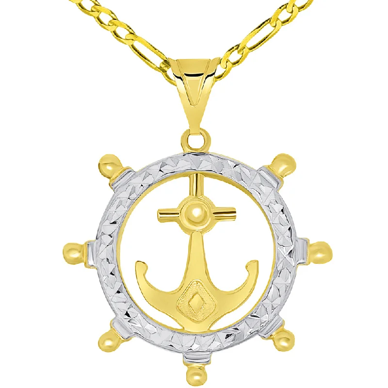 women luxury necklaces -14k Yellow Gold Textured Two Tone Anchor Inside Ships Wheel Pendant Necklace Available with Figaro Chain Necklace