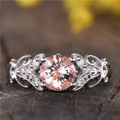 women designer engagement rings -Round Morganite Diamond Engagement Ring Rose Gold Morganite Wedding Ring Pink Gemstone Solitaire Ring