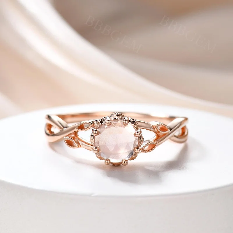 women diamond band engagement rings -Infinity Milgrain Leaf Moonstone Diamond Engagement Ring Rose Gold Nature Inspired Ring