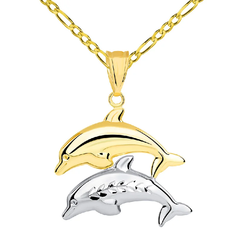 women engraved necklaces -14k Yellow Gold and White Gold Two Tone 3D Dolphins Jumping Pendant Figaro Necklace