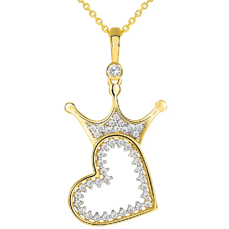 women simple pendant necklaces -14k Yellow Gold CZ Crowned Open Sideways Heart Pendant Necklace