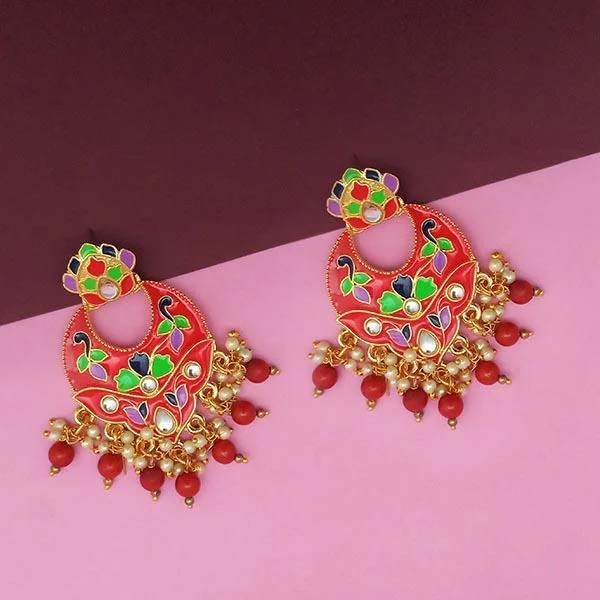 women gold stud earrings -Kriaa Red Meenakari And Beads Kundan Dangler Earrings - 1314212D