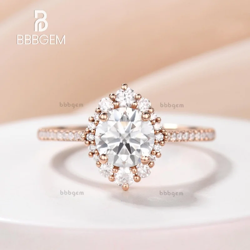 women custom diamond engagement rings -Vintage 1CT Round Cut Moissanite Engagement Ring Moissanite Halo Ring Rose Gold