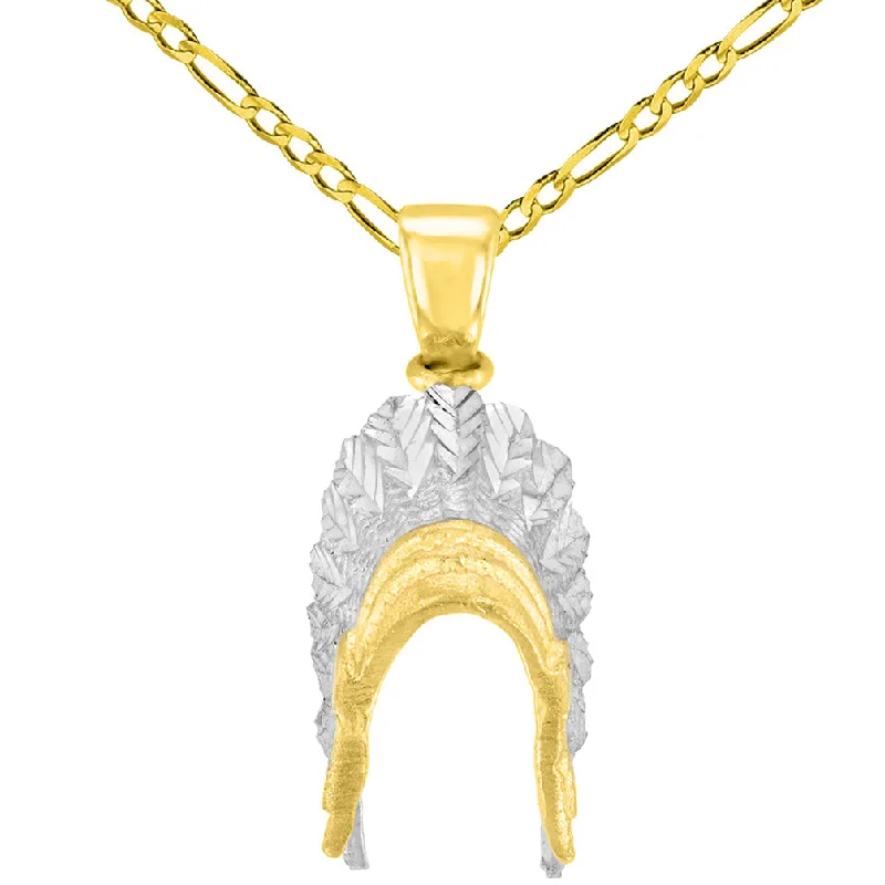 women diamond necklaces -Solid 14K Yellow Gold War Bonnets Charm Native American Pendant with Figaro Chain Necklace