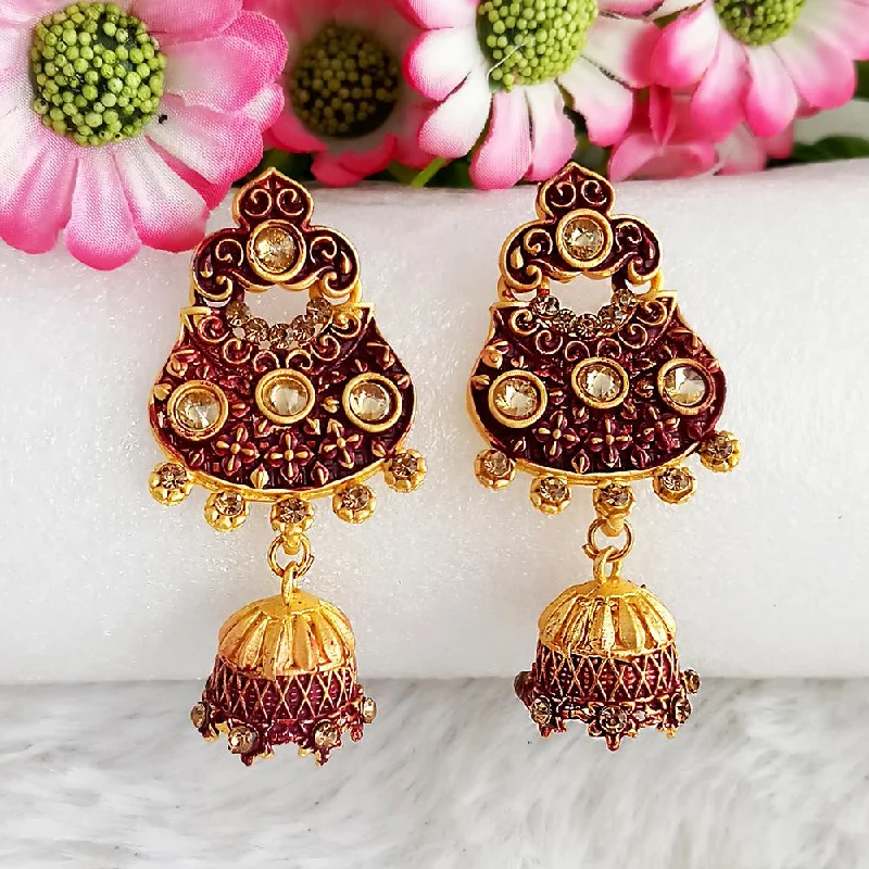 women hoop dangle earrings -Woma Gold Plated Maroon Dangler Meenakari Earrings - 1318064D