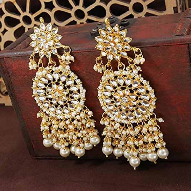 women eco-friendly earrings -Etnico Gold Plated Intricately Designed Traditional Statement Drop Earrings Glided With Kundans & Pearls (E2883W)