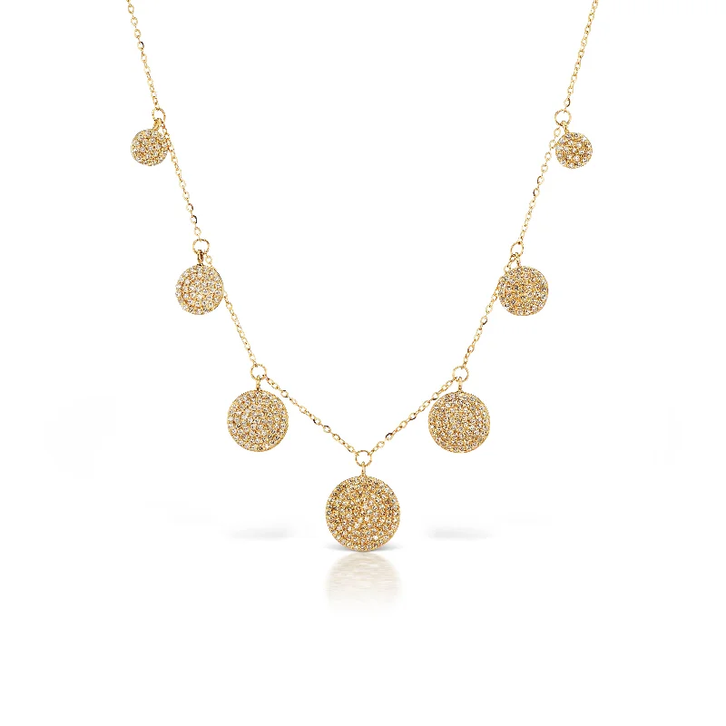 women artistic necklaces -Tara Mikolay Raw Diamond Seven Dangle Disc Necklace in Yellow Gold