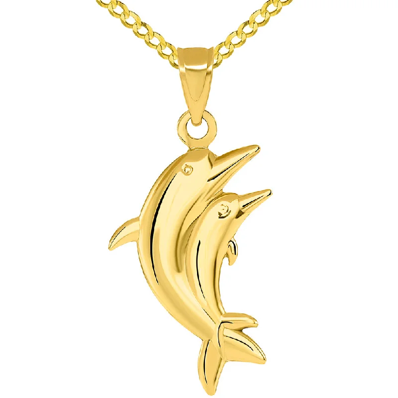 women diamond pendant necklaces -14k Yellow Gold 3D Two Dolphins Jumping Together Vertical Pendant with Cuban Necklace