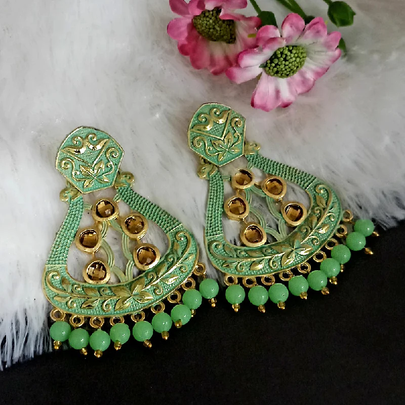 women custom engraved earrings -Woma Matte Green Meenakari Dangler Beads Drop Earrings