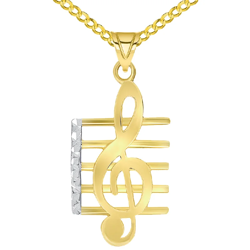 women spiral necklaces -14k Yellow Gold Textured G Clef Musical Note On Staff Pendant Necklace with Curb Chain