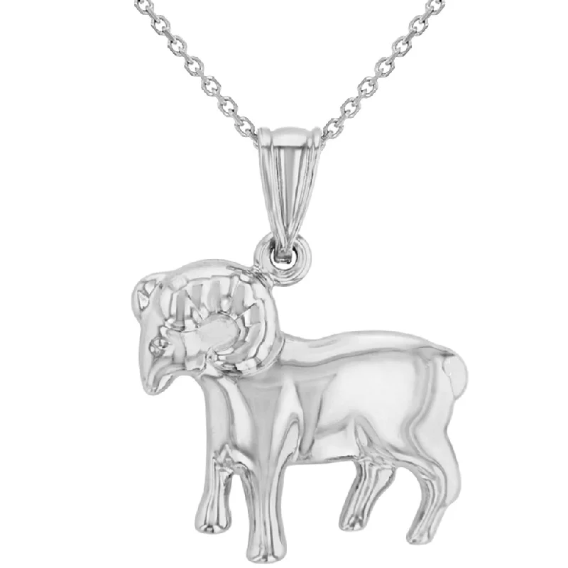 women gemstone pendant necklaces -High Polish 14k White Gold 3D Aries Zodiac Sign Ram Animal Pendant Necklace