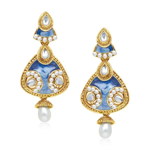 women silver earrings -Kriaa Kundan Blue Gold Plated Dangler Earrings - 1304526