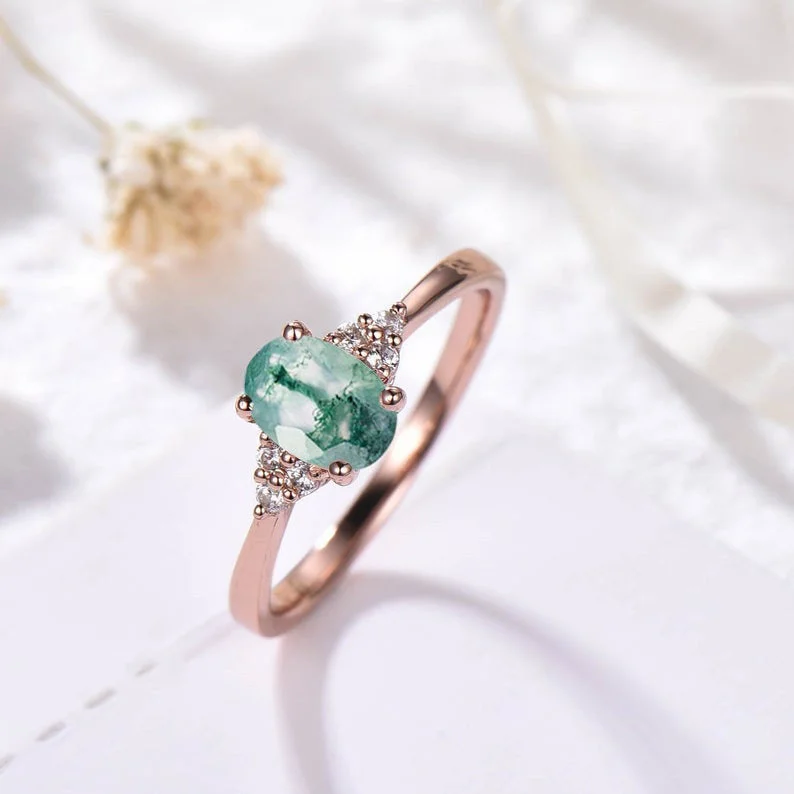 women unique wedding engagement rings -Oval Natural Moss Agate Rose Gold Women Wedding Ring