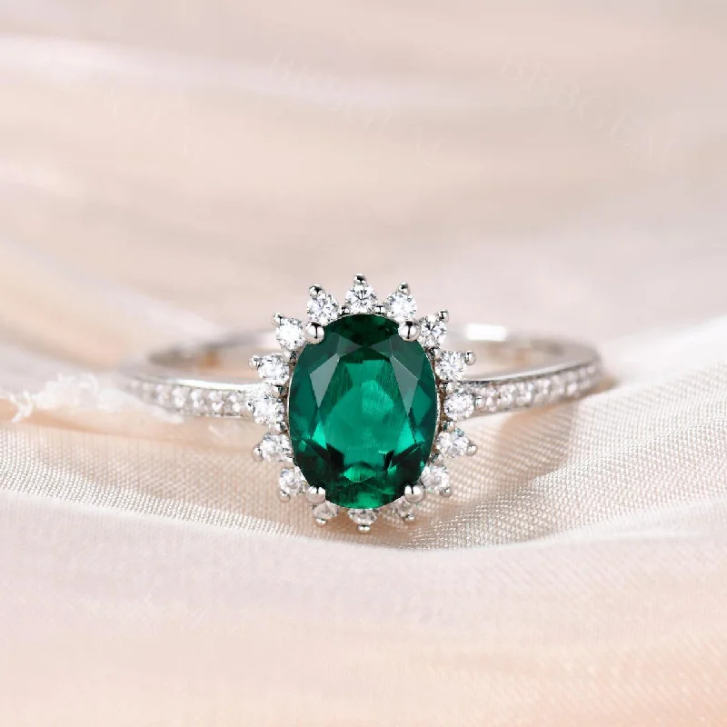 women art deco engagement rings -Emerald Engagement ring 6x8mm Oval Cut Vintage Emerald Ring White Gold CZ Wedding Ring