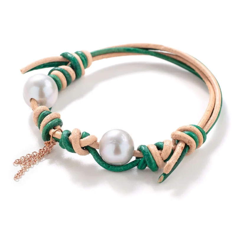 women pearl bangles -Rainforest Pearl Rose Gold Flower Chain Leather Bracelet