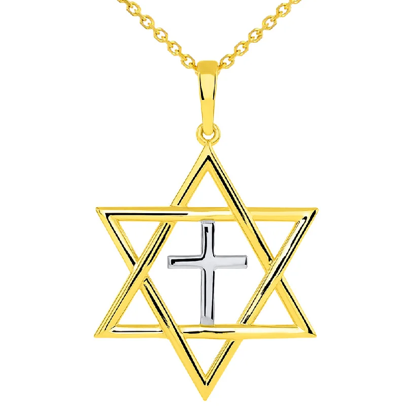 women luxury diamond necklaces -14k Yellow Gold Large Jewish Star of David with Religious Cross Judeo Christian Pendant Necklace