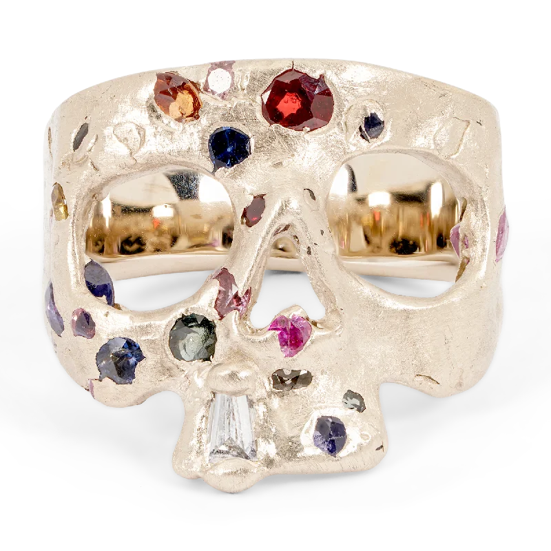 women custom engraved rings -Extra Small Rainbow Confetti Skull Ring in White - Made to Order