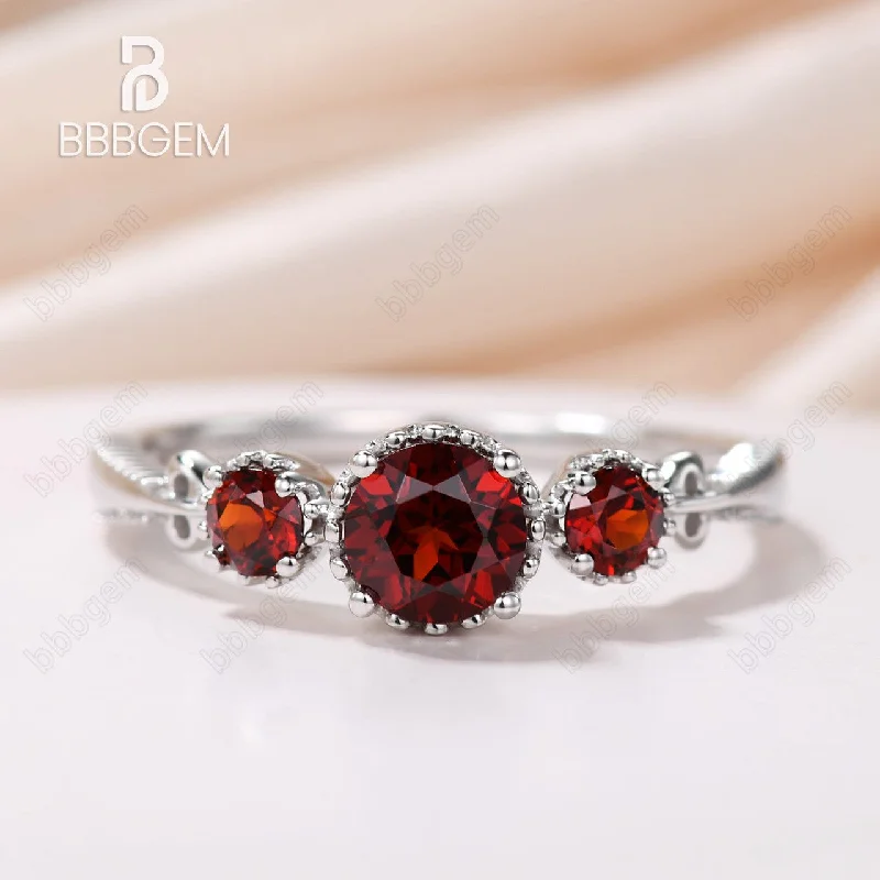 women cushion cut engagement rings -Three Stone 0.5CT Round Garnet Engagement Ring White Gold Birthstone Rings For January