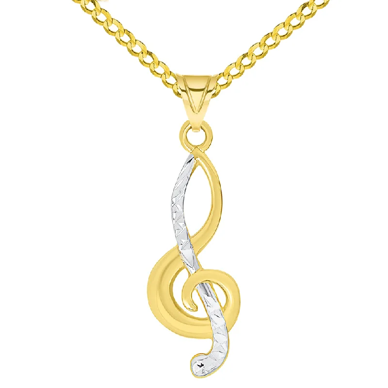 women teardrop necklaces -14k Yellow Gold Textured G Clef Charm Two Tone Musical Note Pendant Necklace Available with Curb Chain