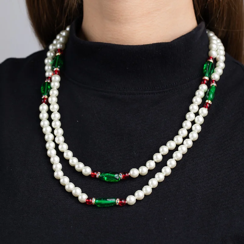 women tassel necklaces -Pearl, Emerald and Ruby Necklace