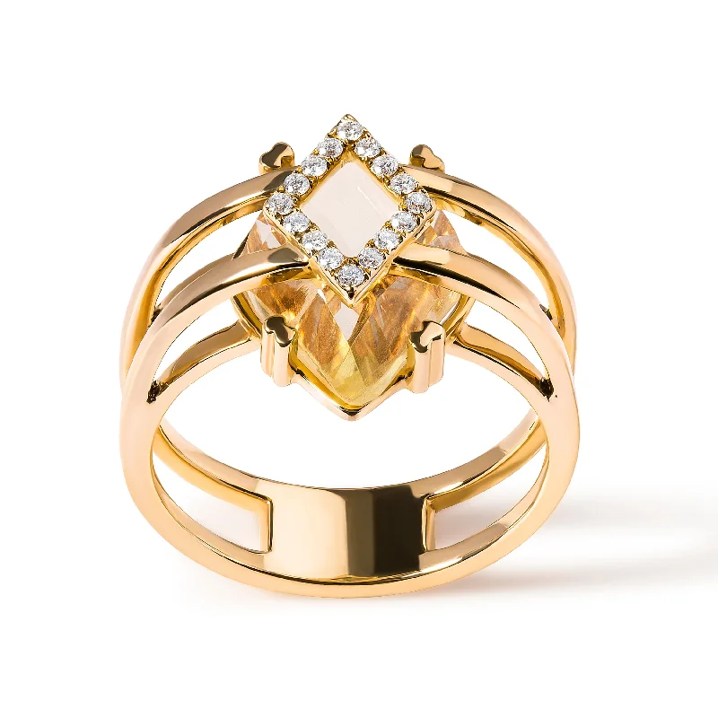 women unique cut engagement rings -14K Yellow Gold 15x15 MM Marquise Cut Yellow Topaz and Diamond Accent Statement Cocktail Ring