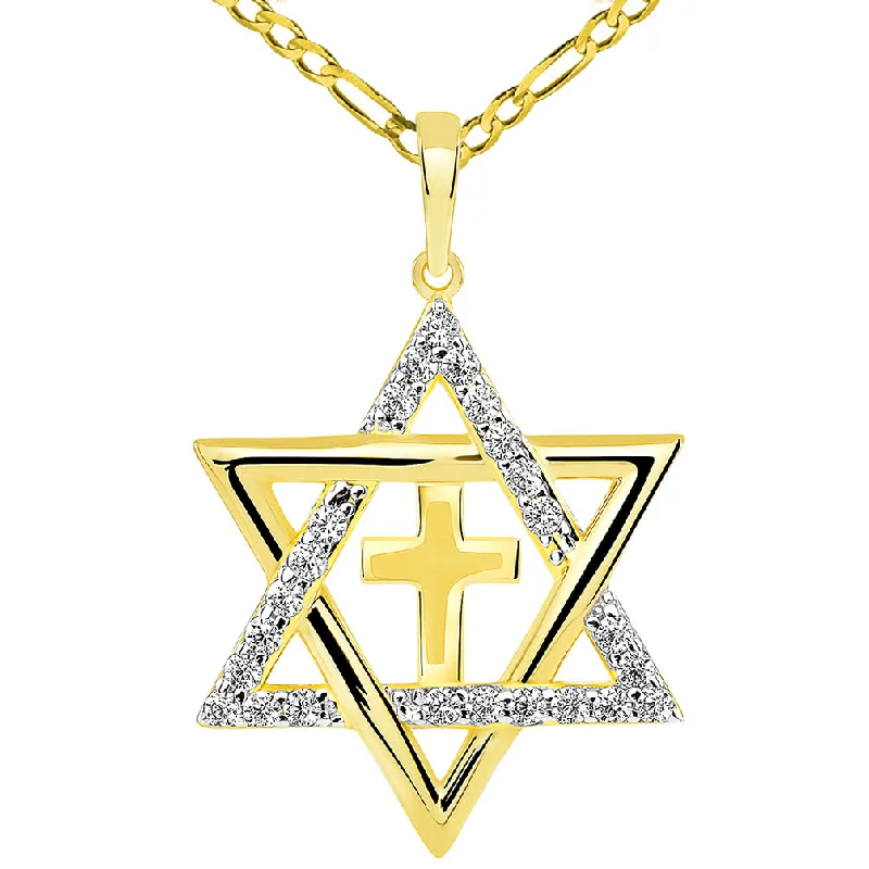 women casual necklaces -14k Yellow Gold CZ Star of David with Religious Cross Judeo Christian Pendant Figaro Necklace