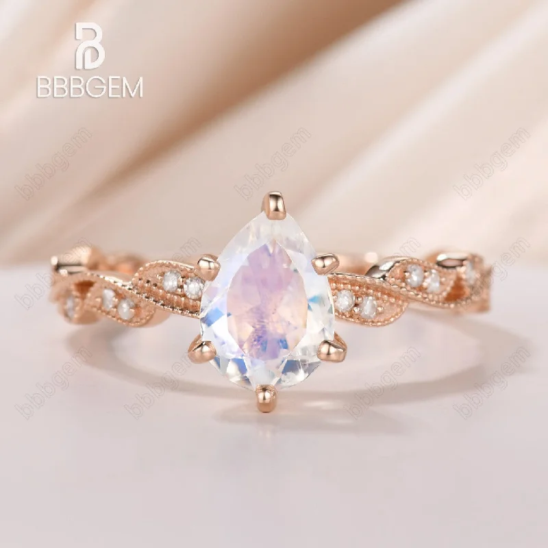 women luxury engagement rings -Vintage Floral Moonstone Engagement Ring Rose Gold Milgrain Diamond Wedding Band