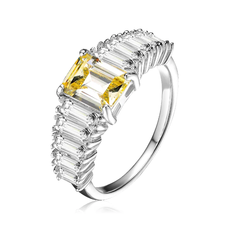 women sapphire gemstone engagement rings -GENEVIVE Sterling Silver Yellow Cubic Zirconia Cluster Ring