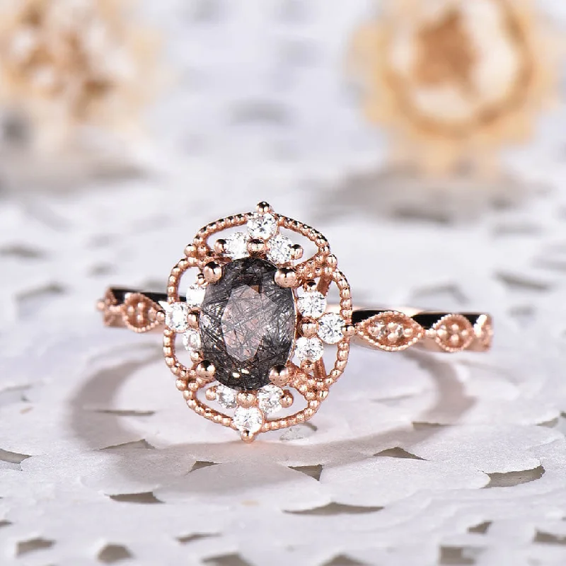 women double halo engagement rings -14K/18K  Milgrain Filigree Black Rutilated Quartz Diamond Engagement Rings Vintage