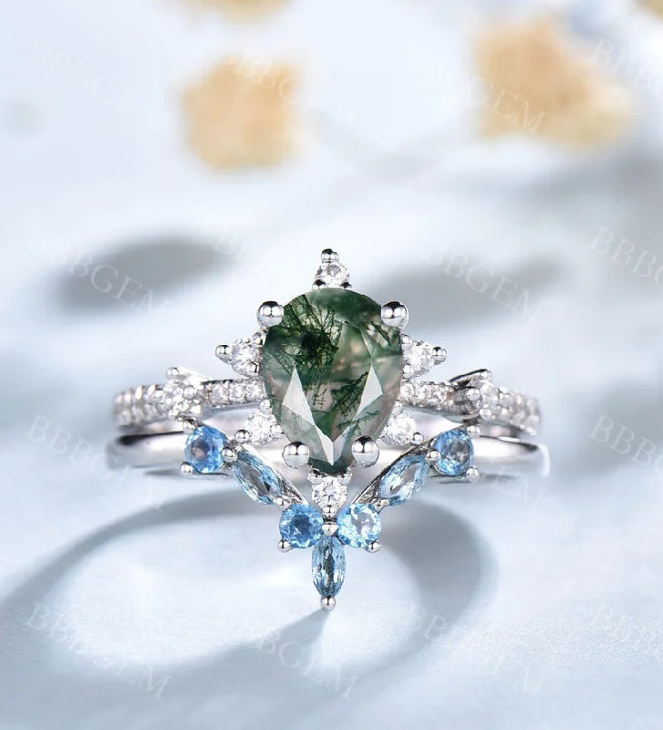 women unique engagement rings -0.8CT Teardrop Moss Agate Engagement Ring Blue Topaz Stacking Band