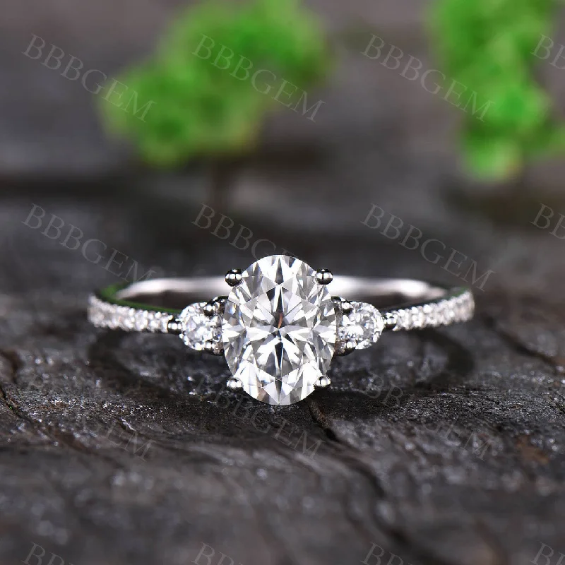 women round engagement rings -1.5CT Three Stone Oval Cut Moissanite Engagement Ring Solid White Gold