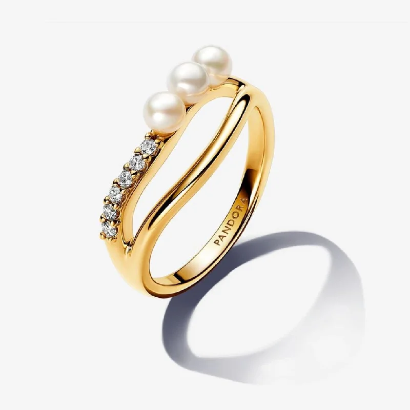 women sapphire rings -PANDORA : Treated Freshwater Cultured Pearl & Organically Shaped Double Band Ring in Gold