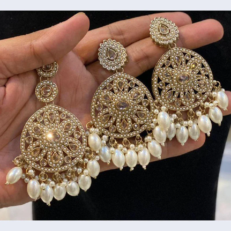 women silver earrings -Jcm Jewellery Gold Plated Crystal Stone And Pearls Dangler Earrings With Maangtikka