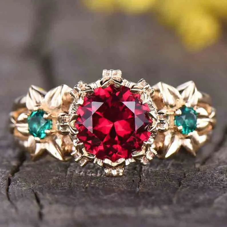 women sapphire gemstone engagement rings -Unique Ruby And Emerald Engagement Ring Vintage Flower