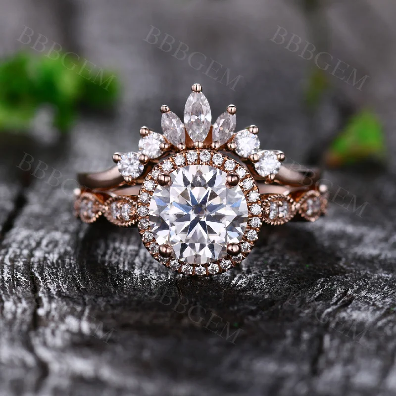 women custom engagement rings -1.25 Carat Art Deco Round Cut Moissanite Engagement Ring Moissanite Wedding Band Rose Gold