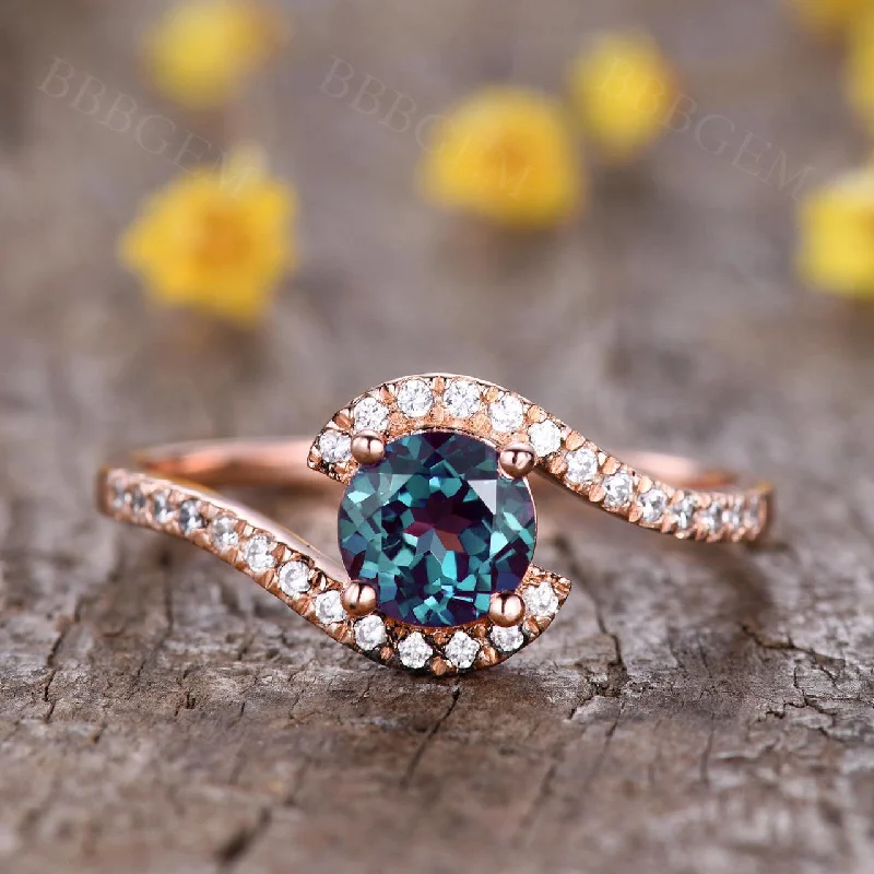 women white sapphire engagement rings -Unique Alexandrite Ring Curve 6.5mm Round 14K 18K Yellow Gold Alexandrite-r006