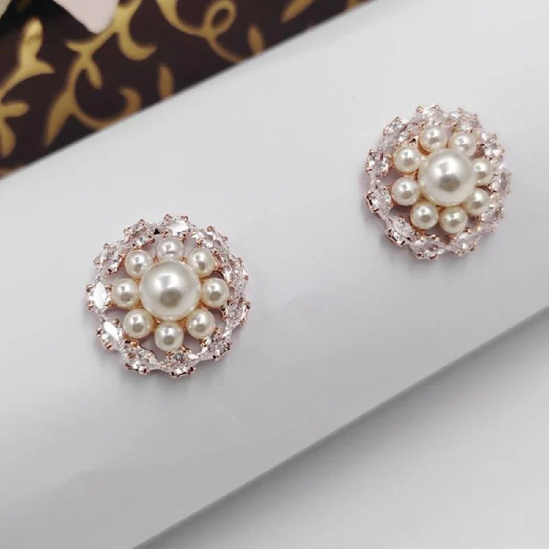 women fashion earrings -Aamrapali Rose Gold Plated AD Stud And Pearl Earrings