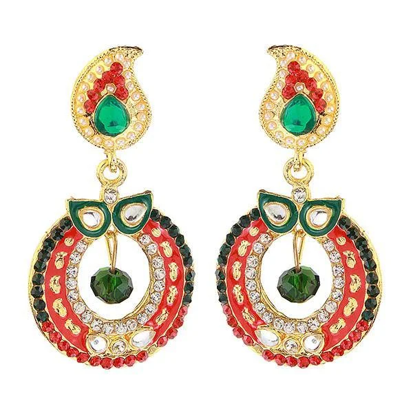 women trendy stud earrings -Kriaa Red And Green Meenakari Kundan Dangler Earrings - 1304618