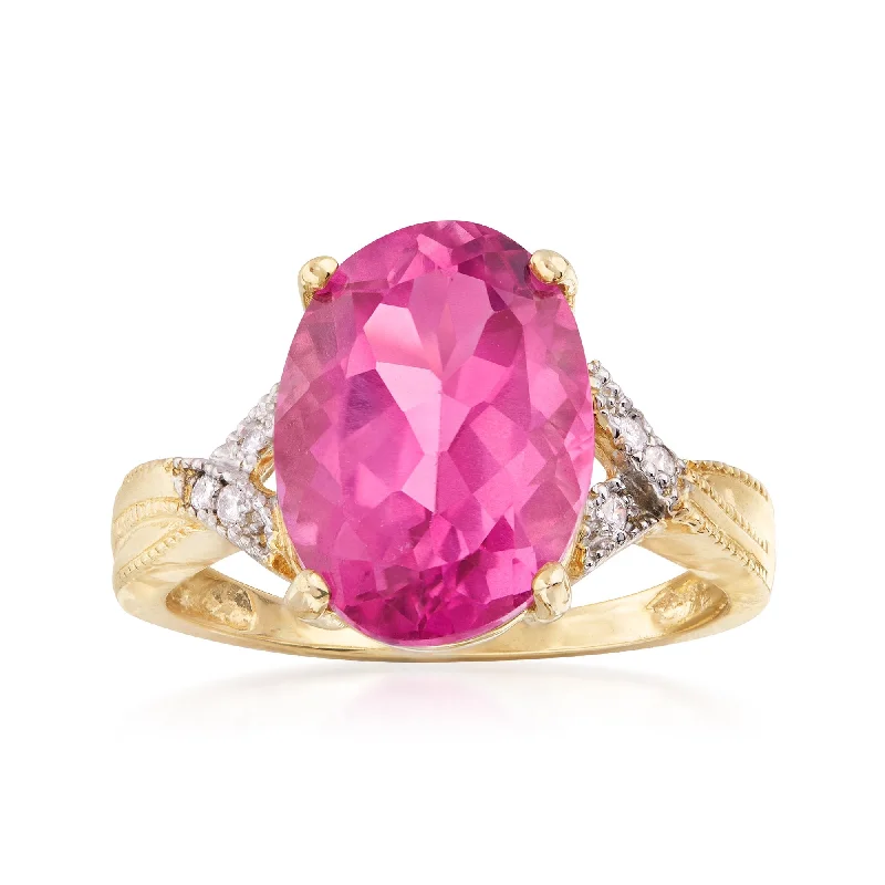 women diamond-accent engagement rings -Ross-Simons Pink Topaz Ring With Diamond Accents in 14kt Yellow Gold