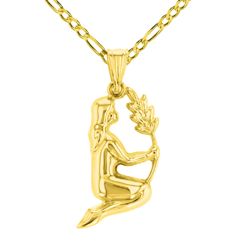 women antique necklaces -High Polish 14k Yellow Gold 3D Virgo Zodiac Sign Charm Maiden Holding Wheat Pendant Figaro Chain Necklace