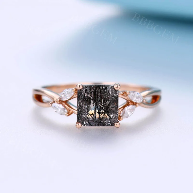 women eternity engagement rings -Natural Black Rutilated Quartz Diamond Engagement Ring Wedding Ring