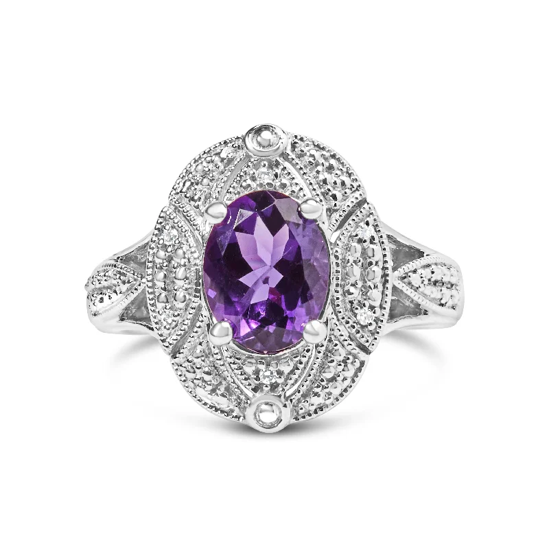 women ruby and diamond engagement rings -.925 Sterling Silver 9x7mm Oval Purple Amethyst and Round Diamond Accent Fashion Cocktail Ring