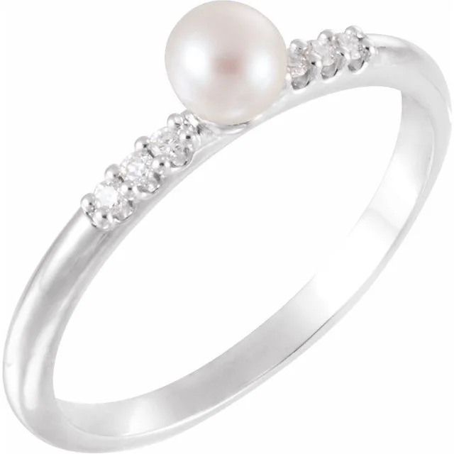 women ruby rings -Sterling Silver Cultured Pearl & .03 CTW Diamond Stackable Ring