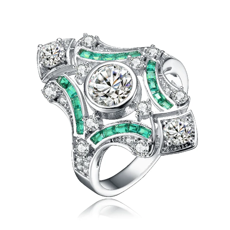 women two-tone engagement rings -GENEVIVE Sterling Silver Emerald Cubic Zirconia Geometrical Coctail Ring