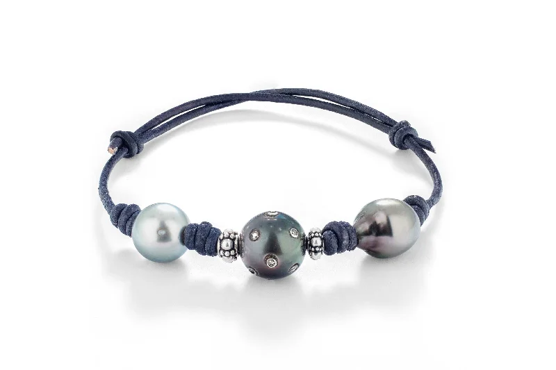 women adjustable bangles -Blue Ocean Diamond Tahitian Pearl Leather Bracelet