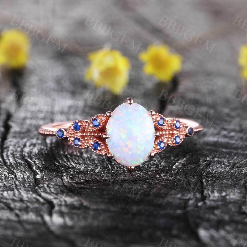 women trendy engagement rings -Oval White Opal Engagement Ring 14K Solid Rose Gold Opal Sapphire Ring Promise Ring