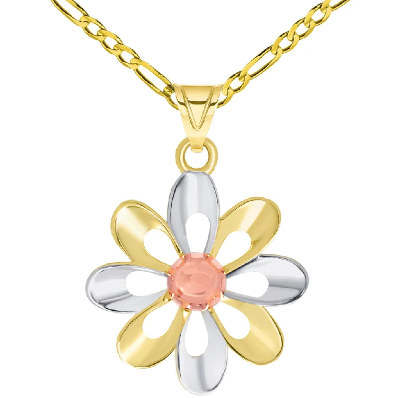 women silver necklaces -14k Yellow Gold and Rose Gold High Polish Tri-Tone Open Daisy Charm Pendant Available with Figaro Chain