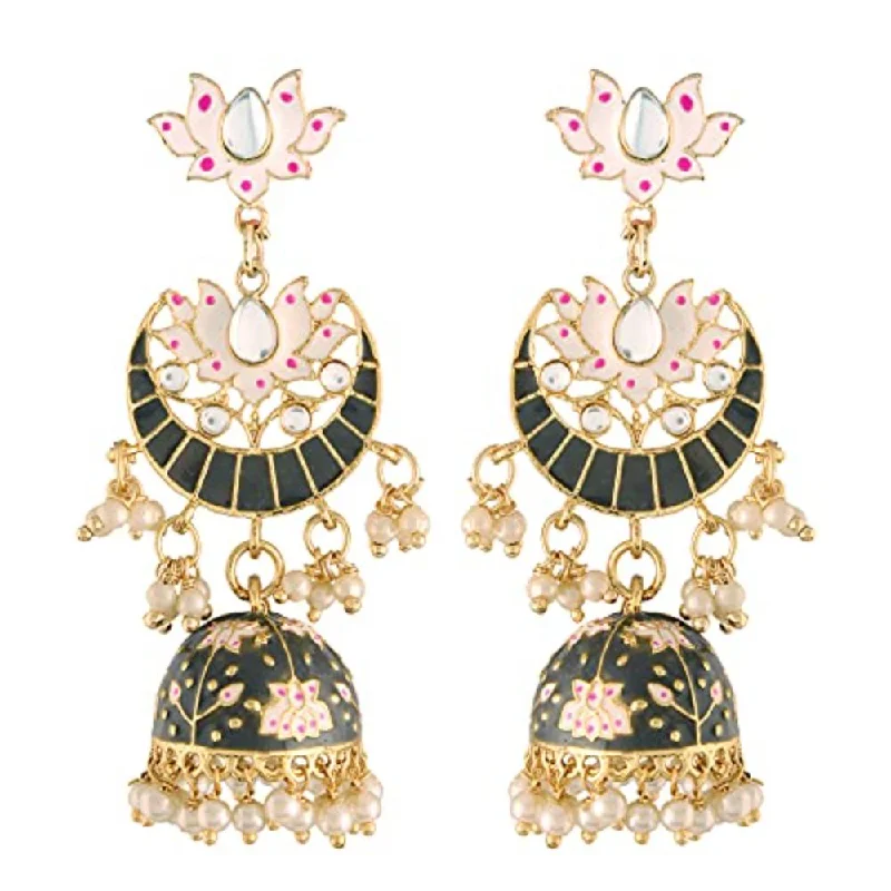 women sterling silver earrings -Etnico 18K Gold Plated Traditional Floral Kundan Studded Black Meenakari Jhumka Earrings For Women (E2912B)